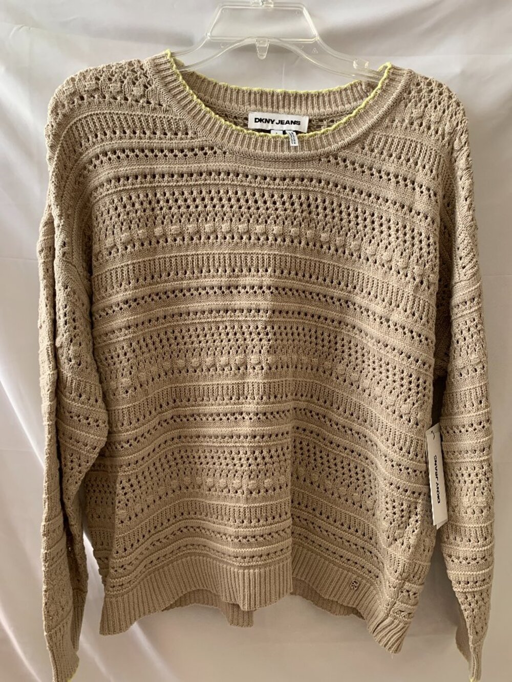 DKNY JEANS Tipped Pointelle Sweater in Beige/Neon Yellow Sz LARGE